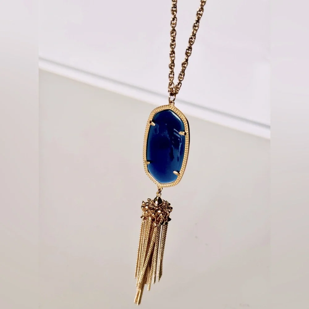 KENDRA SCOTT Rayne Long Gold Necklace w Deep Navy Blue Tassel Pendant